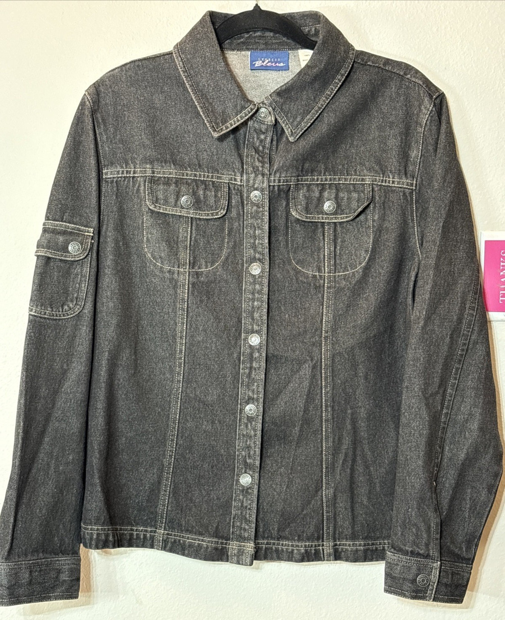 EXPRESS BLEUS VINTAGE BLACK Y2K Trucker JACKET SZ Large